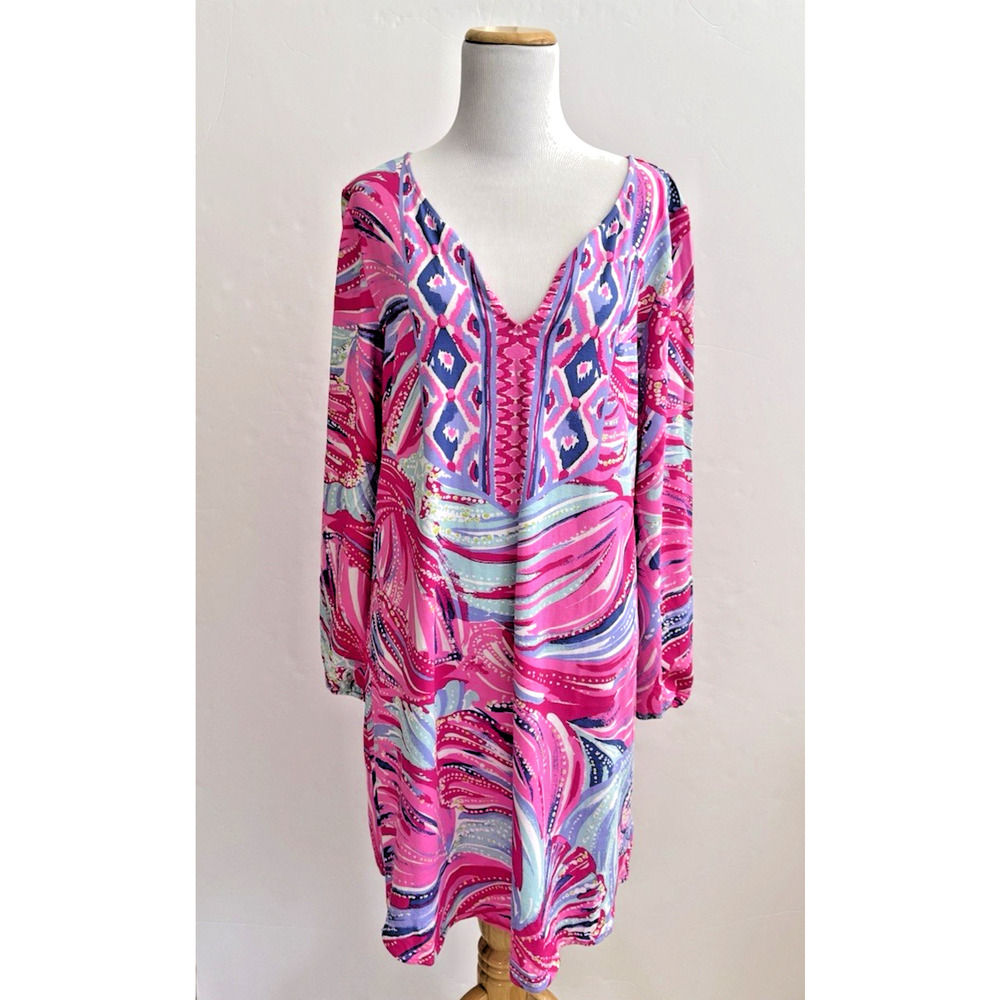 Lilly Pulitzer Gianna Dress L Oh My Guava Pink Blue Rayon Stretch Swim Cover-Up